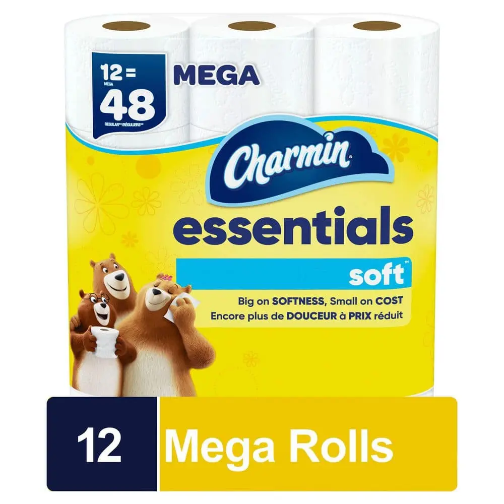 Essentials 2-Ply Soft Strong Flushable Toilet Paper Rolls, 12 Mega Packs (330 Sheets Each) - Non-Toxic Daily Bathroom Home Care Supplies