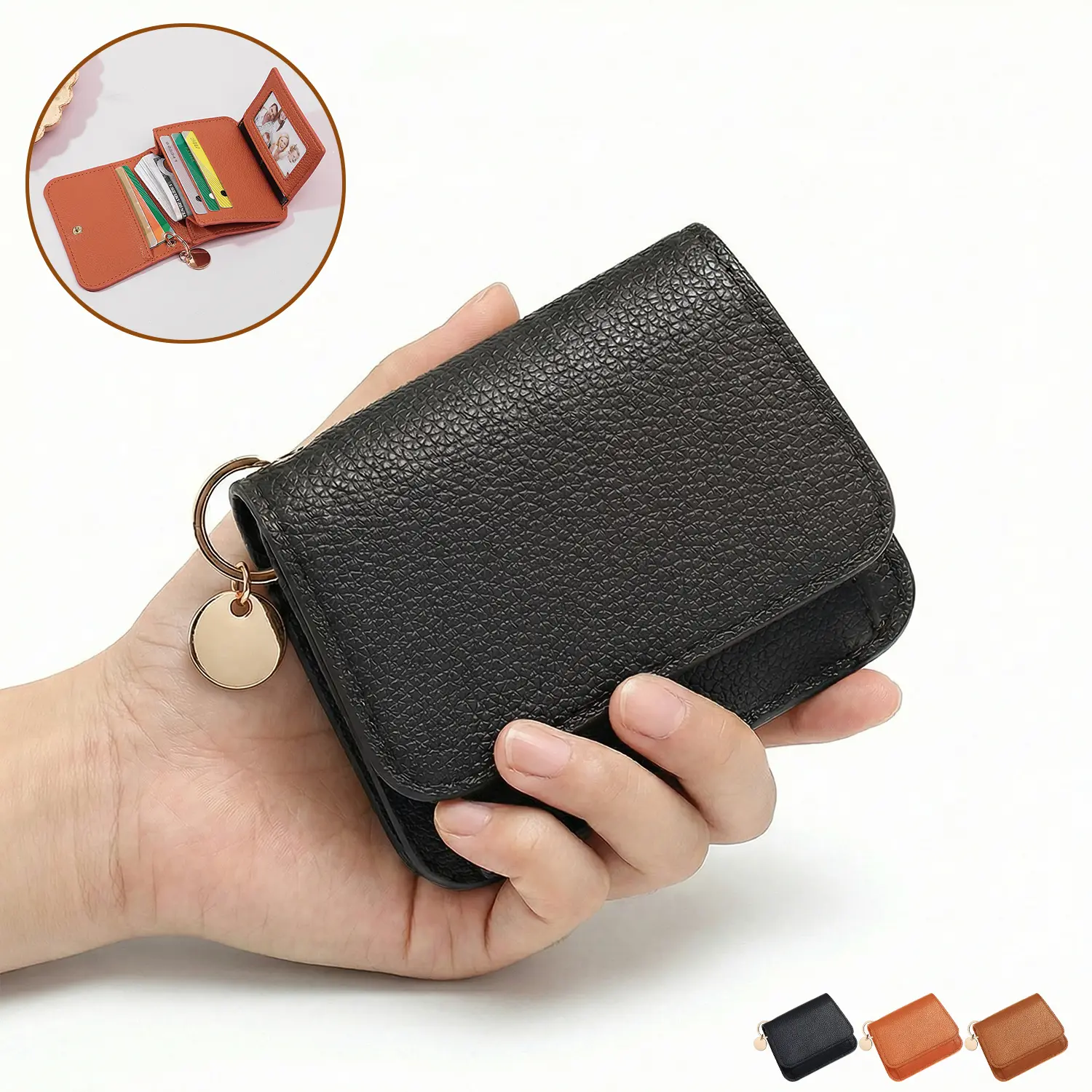 Short Slim Wallet for Women RFID Blocking Leather Card Case Slim Tri-Fold Wallet with Zipper Pocket and Keychain Ideal Gift Choice