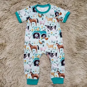 Short sleeves pig cow horsse sheep tractor printed romper baby boy clothes