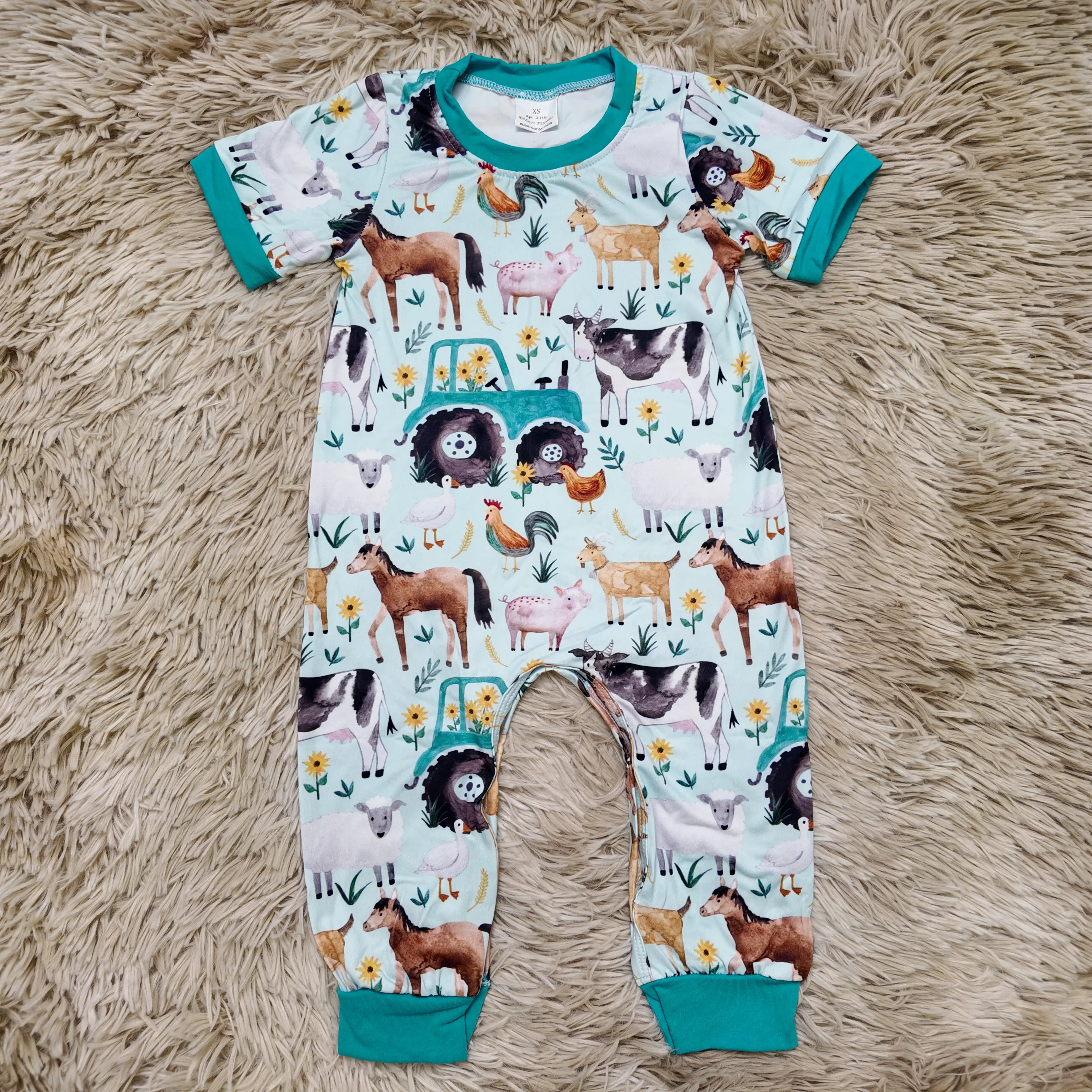 Baby Boy Short-Sleeve Romper - Pig, Cow, Horse, Sheep, Tractor Printed Bodysuit, Fun Themed Baby Clothing, Fun Themed Bodysuits, Animals