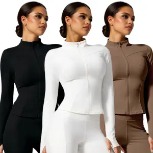 Women's Activewear Full Zipper Jacket - Solid Color Stand Collar Long Sleeve With Thumb Hole For Fitness & Sports