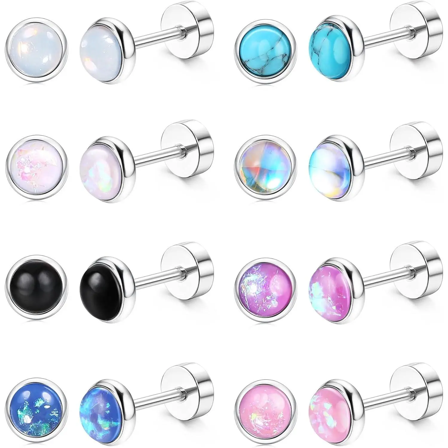 YADOCA Hypoallergenic Flat Back Earrings for Women Small Surgical Steel Nap Sleeper Earrings Cute Opal Turquoise Moonstone Earrings Cartilage Helix Tragus Piercing Silver Studs Earrings 20G