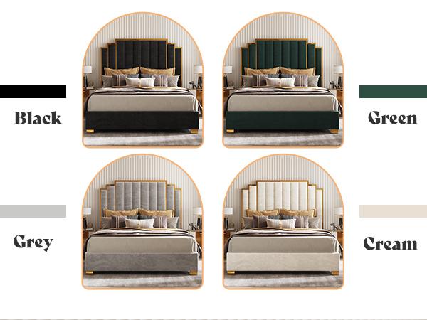 AMERLIFE Bed Frame with 65" Headboard, Upholstered Platform Bed with Golden Plating Trim, Modern Luxury Bed Frame, No Box Spring Needed/No Mattress/Queen/King//Unique Bedroom Furniture/Best Gift Ideas/Christmas Gifts