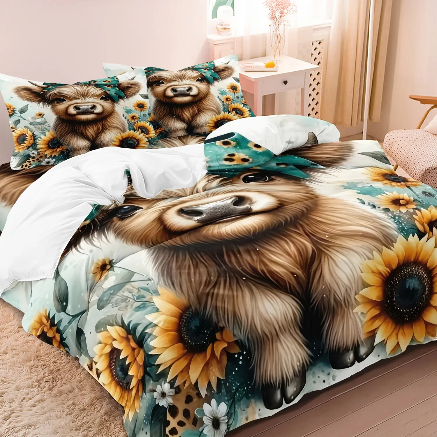 3pcs Set Watercolor Highland Cow with Sunflower Print Decorative Duvet Cover Set Boho Bedding Set Suitable For Bedroom Hotel Inn School Dormitory Can Be Used As Holiday Gifts (1*Duvet Cover + 2 Pillowcases, No Comforter, No Pillow)