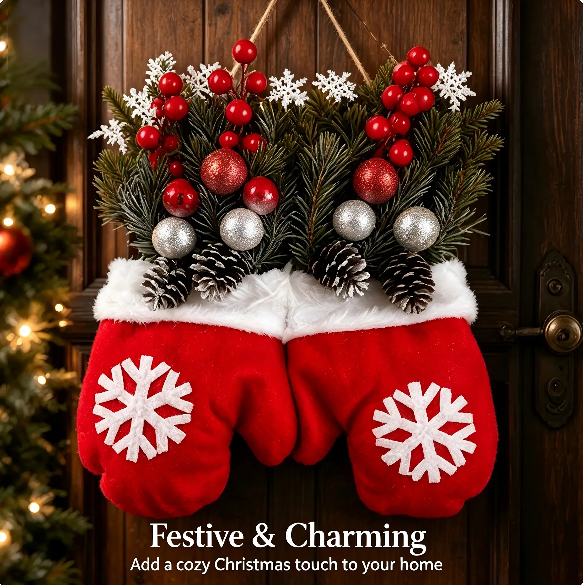 Festive & Charming Christmas Door Decor - Red Mittens with Snowflakes, Pinecones, and Berries for a Cozy Holiday Touch