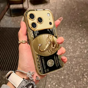 Black Gold Gold Scorpion Dollar Pattern Phone Case with Open Screen, Electroplated Glass Phone Case, High-end Texture Phone Case, Compatible with Mobile Phone Accessories iPhone 11 12 13 14 15 16 17 Pro Max, Protective Shell