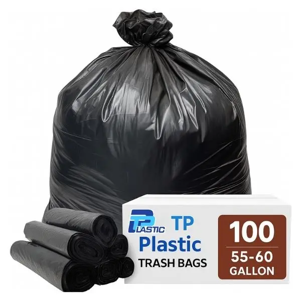 TP Plastic 55–60 Gallon Trash Bags – 100 Ct, 1.5 Mil Heavy Duty, Black 38" x 58" Large Garbage Bags for Commercial, Outdoor, Industrial Use