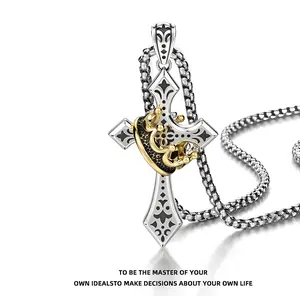 FOXGIRL Cross Necklace For Men Titanium Stainless Steel & Brass Prayer Jesus Christ God With Cross Chain Crown Necklace for Christmas Gift