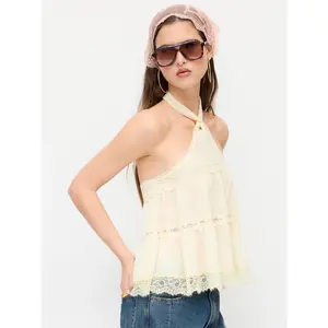 Cider Halter Neckline Knotted Lace Trim Oversized Top