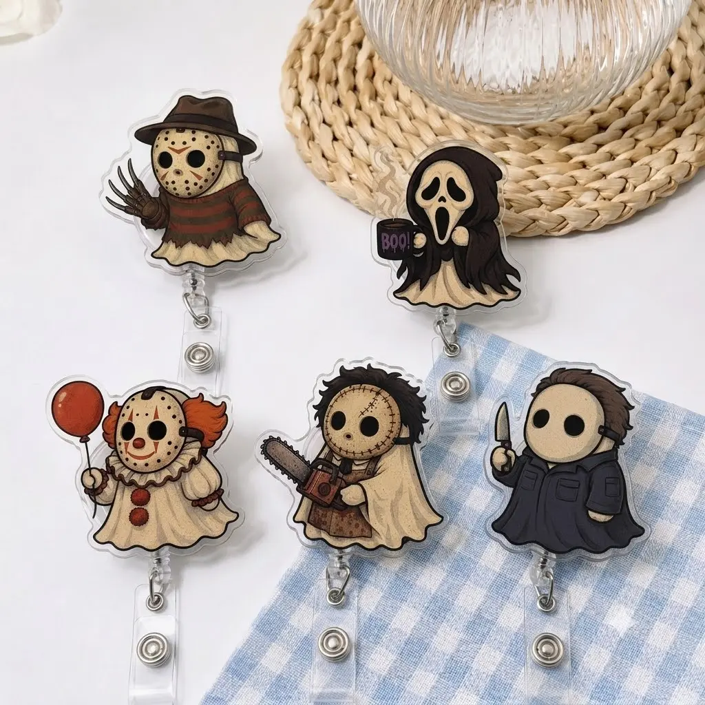 Vintage Spooky Character Badge Reel, Retro Horror Acrylic Retractable ID Holder, Halloween Badge Clip for Nurses, Medical Staff, Teachers and Work IDs