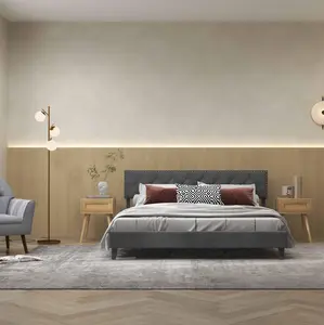 COSTWAY - Modern 3-Piece Bedroom Furniture Set with Upholstered Queen Bed, 2 Rattan Nightstands and 3-Globe Floor Lamp