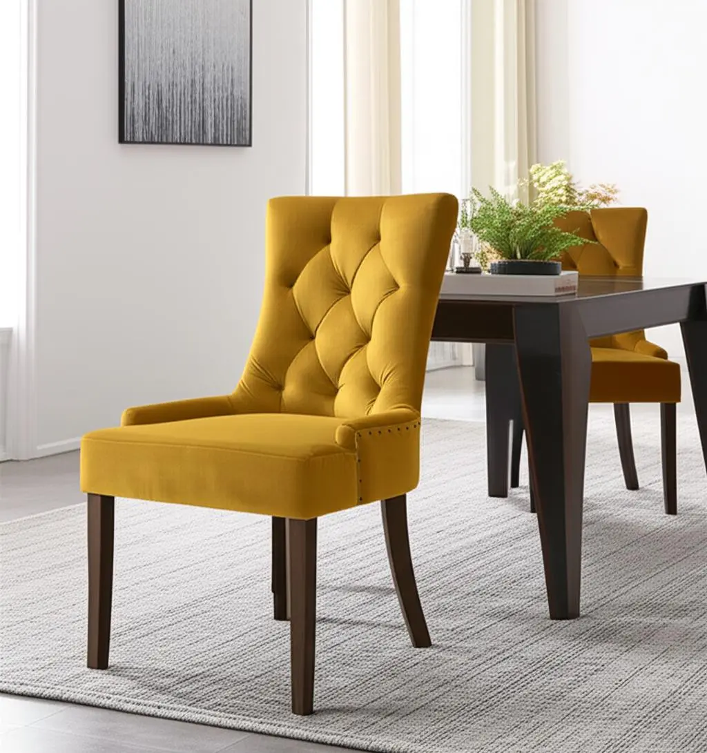212 MAIN Tufted Solid Back Yellow & Espresso Velvet Dining Side Chair - 38x22x24 in, Solid Wood, Nailhead Trim, Transitional Design, Set of 2, Set Of Two