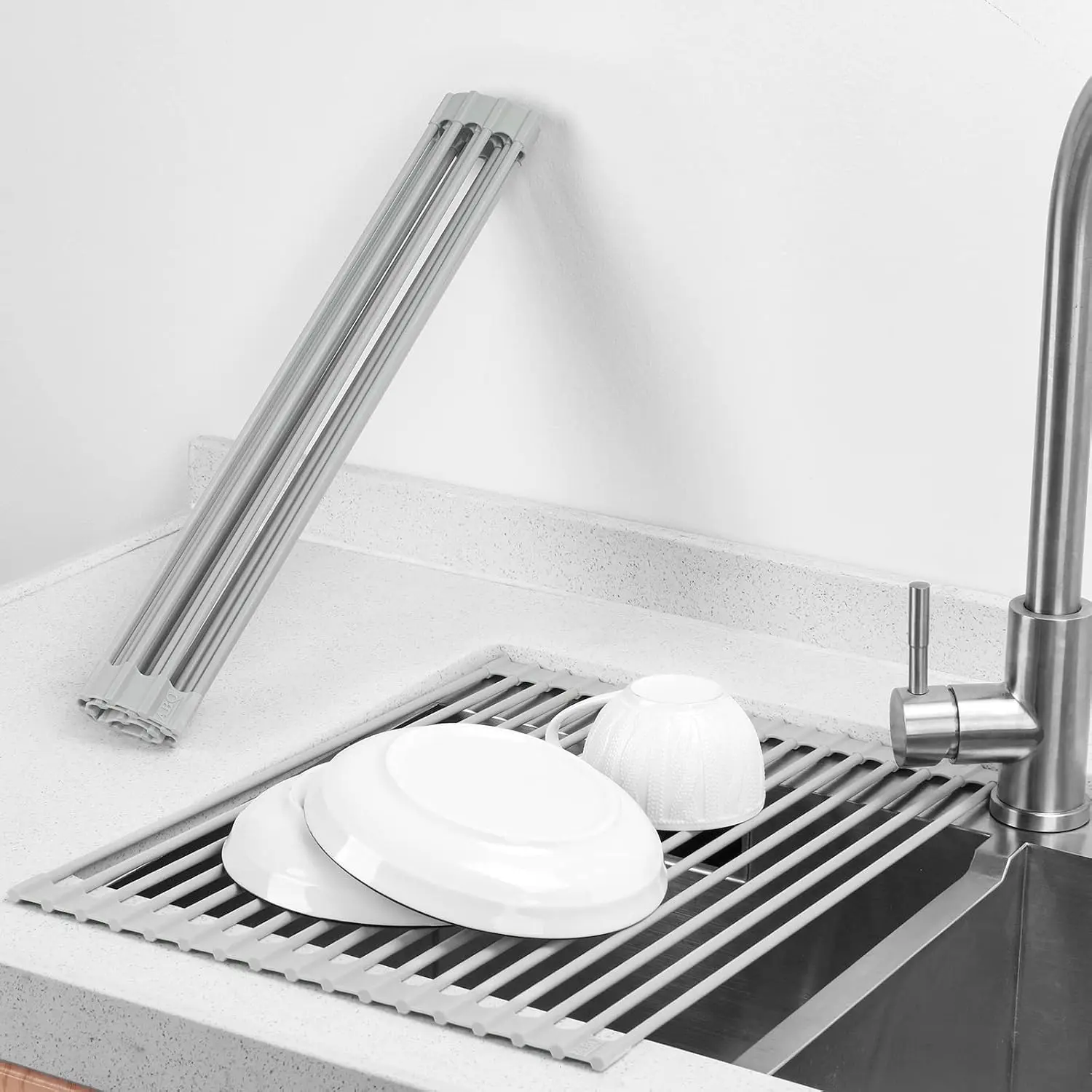Gray Over-The-Sink Silicone Dish Drying Rack with 17.5in L x 13in W Roll-Up Drain Mat - Anti-Slip, Multi-Purpose Home Organizer for Sink, Counter, Cups, Fruits, Vegetables