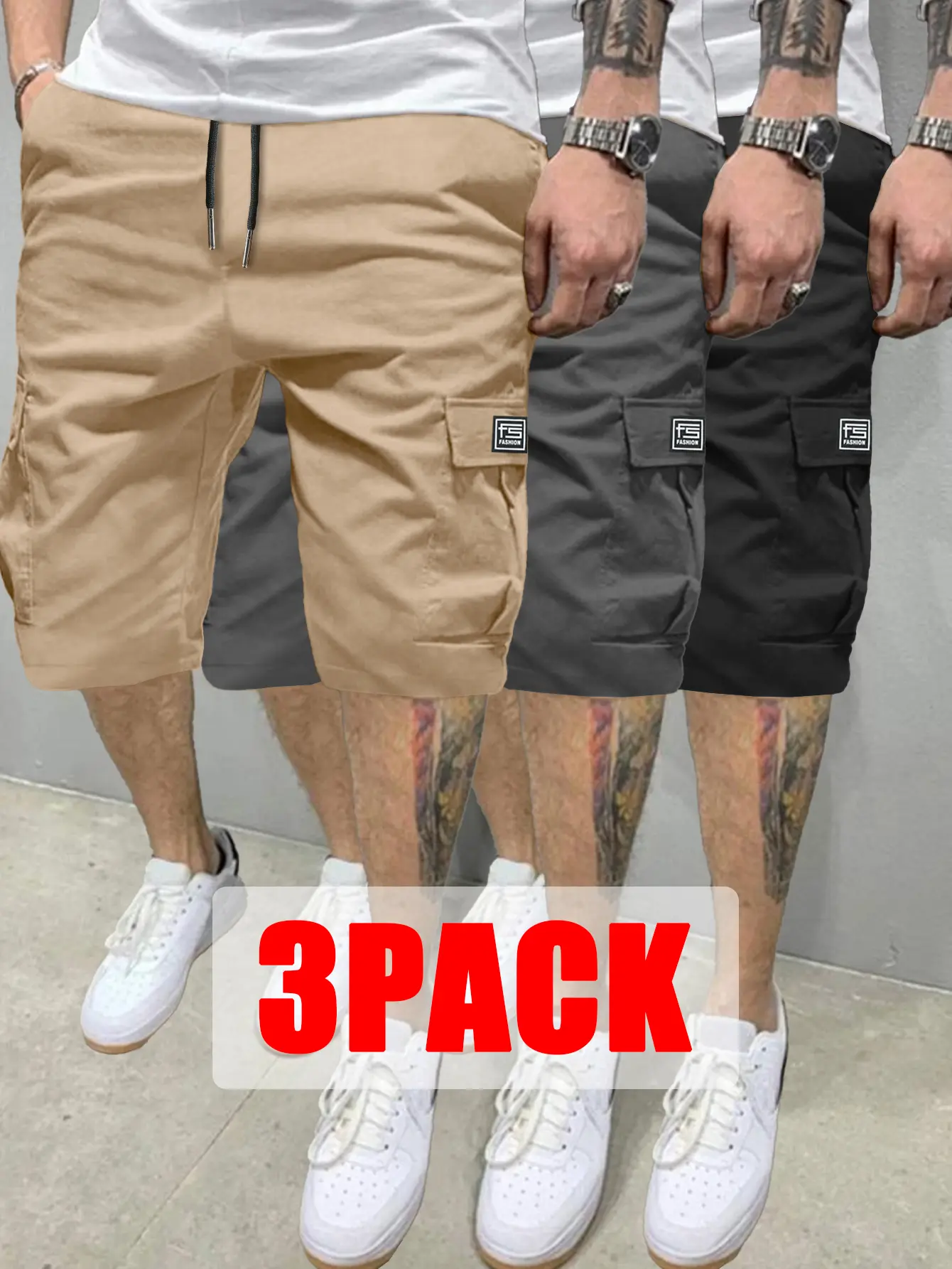 3-Pack Men's Casual Drawstring Waist Cargo Shorts, Multi-Pocket Utility Work Shorts, Summer Streetwear Knee Length Shorts for Outdoor & Daily Wear