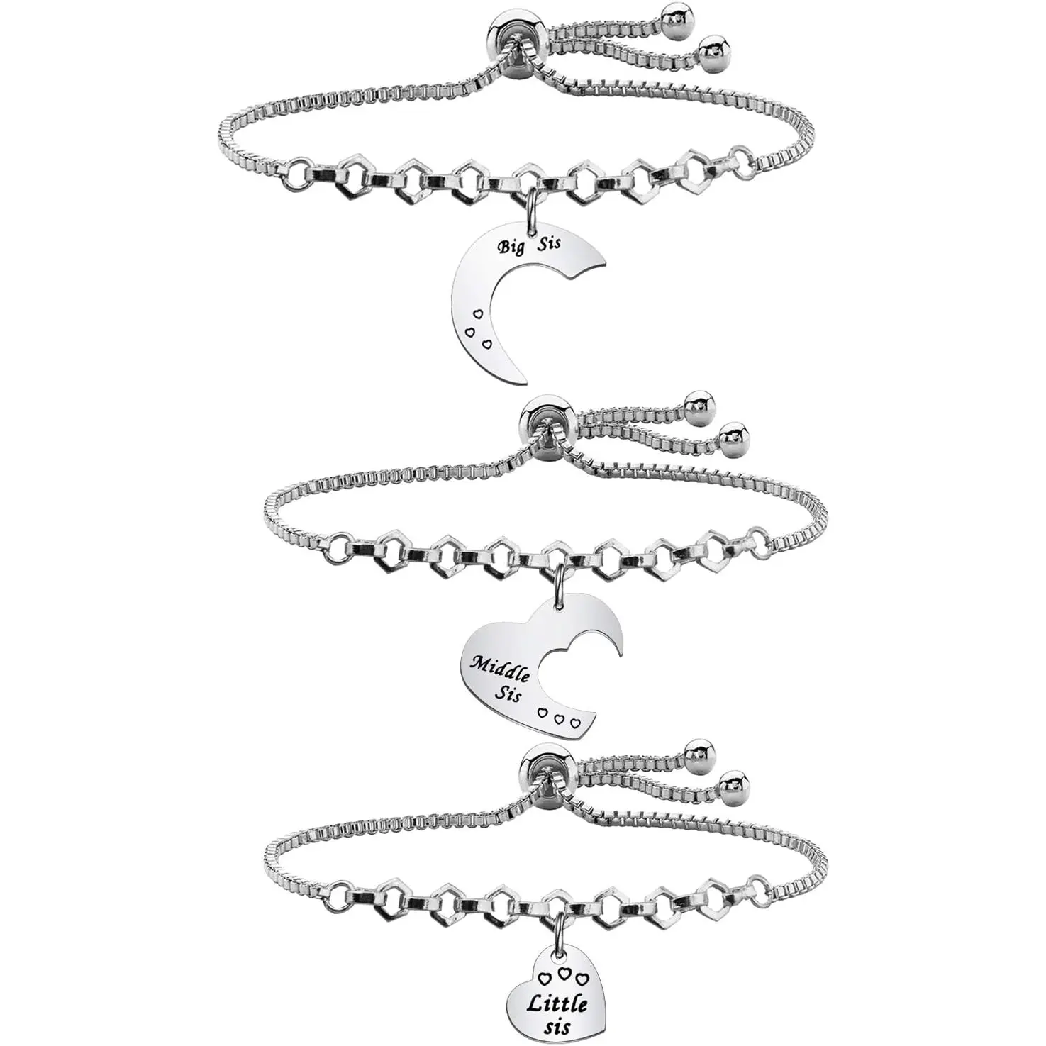 3 Sister Bracelets Big Sis Middle Sis Little Sis 3 Pieces Matching Heart Bracelets of 3 Sister Jewelry Gift for Best Friends 9 Inch Adjustable Chain