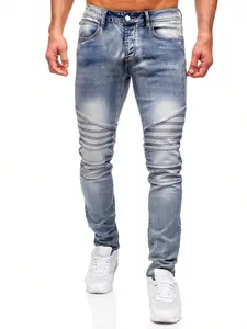 Men's American Style Streetwear Jeans, Motorcycle Skinny Pants, Knee Hole Patchwork, Distressed Washed Elastic Slim Fit Long Pants for Men