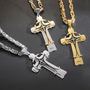 2025 New titanium steel long necklace domineering pattern three-layer cross pendant necklace