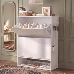 Narrow Freestanding Shoe Cabinet for Entryway, 2 Flip Drawers & Open Bottom Shelf with Side Hooks, Slim Fluted Storage for Foyer Hallway, White/Brown