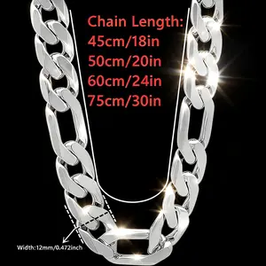 Silver Figaro Chain 925 Silver Plated Stylish 12mm Men's Flat Figaro Link Chain Necklace men's accessories Festive Christmas couples gift High-quality souvenir，Gift for Him