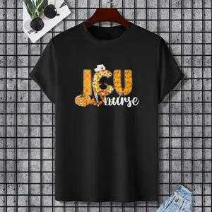 Stethoscope ICU Nurse Fall Yall Autumn Leaves Thanksgiving T-Shirt, 100% Cotton, Single Side Printed, Black Short Sleeve T-shirt, Gift for Family Friends, S-XXXL, 1 pc, Fabric Weight 180g