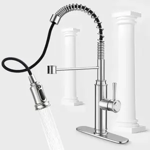 Spring Kitchen Faucet with Pull Down Sprayer Brushed Nickel Stainless Steel, 3 Mode Kitchen Sink Faucet with Single Handle, 360 Degree Rotation Deck Mount Faucet with Deck Plate for 1 or 3 Hole RV Bar Home Sink