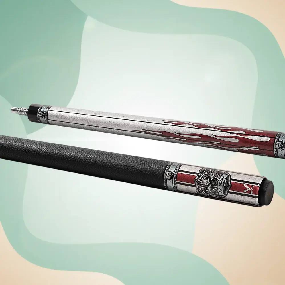 EVO Freedom Pool Cue – Crimson Flame, 29in Carbon Fiber Shaft, Black Leather Wrap, 12.5mm Tip, 3/8-8 Stainless Joint, 19–19.5 oz