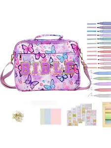 Women's Purple butterfly Bible Cover Bag, Large Capacity Letter Shoulder Storage Bag, Stylish Portable Organizer for Bibles & Books, with Tabs Colored Gel Pen, Highlighters for Study Bible, Bible Case with Shoulder Strap. The Ideal & Heartwarming Gift