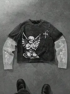 Unisex Spring & Fall New Trend Spliced Faux Two-Piece T-Shirt, Praying Angel Graphic Print, Streetwear & Retro Style, Y2K Fashion