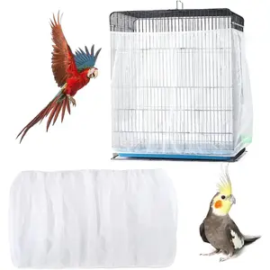 Bird Cage Seed Catcher, Bird Cage Net Cover Adjustable Bird Cage Netting Seed Catcher for Bird Cages Seed Catcher Guard Net Cover Bird Cage Skirt for Parrot Parakeet Macaw Round Square Cages - White