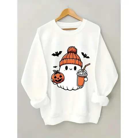 Women's Casual Crew Neck Sweatshirt - Halloween Theme Cute Pumpkin-Drinking Print, Spring & Autumn Versatile Fit, Machine Washable (Not Dry Cleanable)