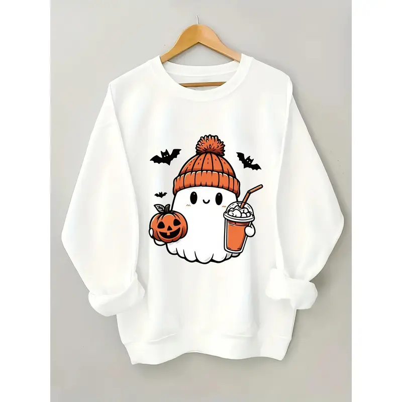 Women's Casual Crew Neck Sweatshirt - Halloween Theme Cute Pumpkin-Drinking Print, Spring & Autumn Versatile Fit, Machine Washable (Not Dry Cleanable)