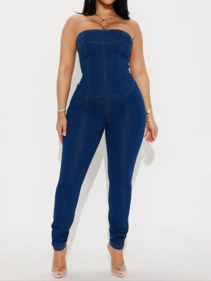 Lady With Curves Strapless Denim Jumpsuit with Lace-Up Back Fitted Cotton Blend for Evening Wear Machine Washable All Seasons - Fabric