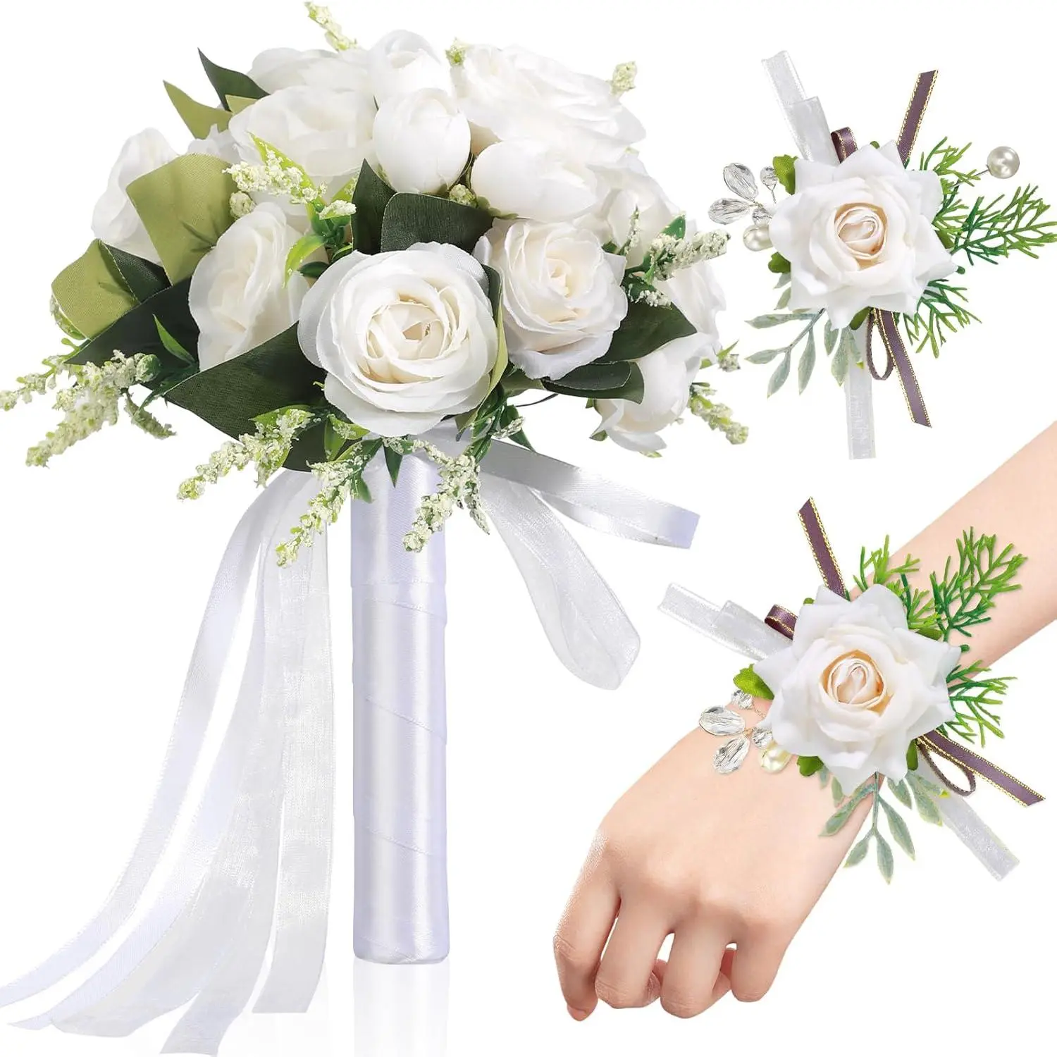 7.5in Decorative Lightweight Plastic Eucalyptus Floral Wedding Bouquet Set - Bride & Bridesmaid Bouquets, Ivory Corsage & Boutonniere for White Wedding Church Decor, Silk
