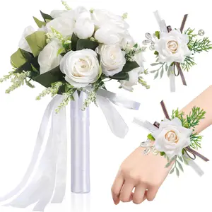 Wedding Bouquets for Bride Bridesmaid, 7.5''W Bridal Bouquets with Ivory Corsage and Boutonniere Set for White Wedding Flower Accessories Church Decoration Prom Suits(7.5IN)