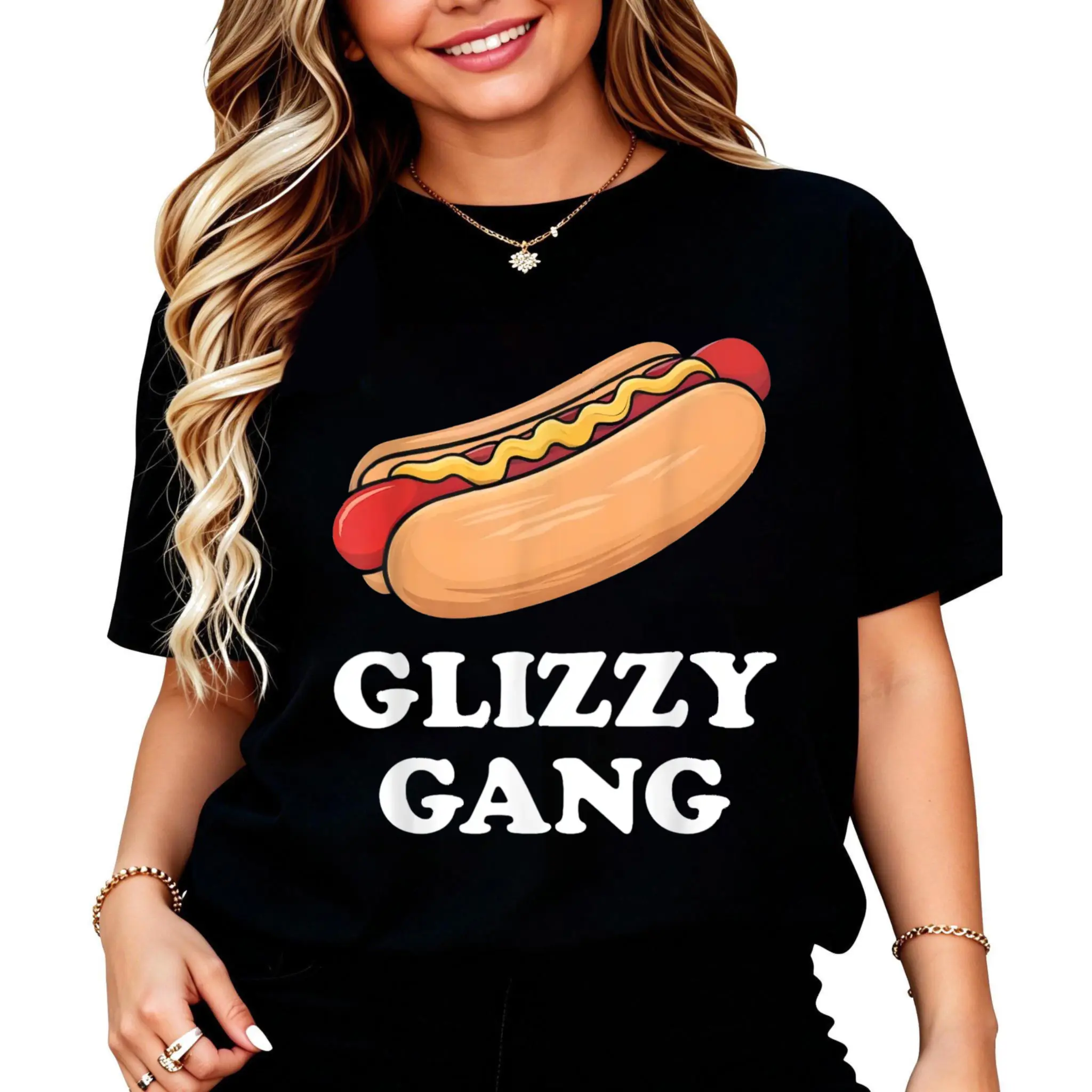 Hot Dog With Glizzy Gang Text T-Shirt Women Men Unisex Clothing Streetwear