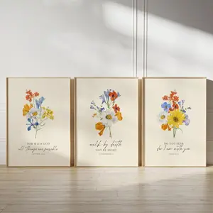 Floral Christian Wall Art Set of 3, Bible Verse Poster, Encouraging Scripture Home Decor, Walk By Faith Prints