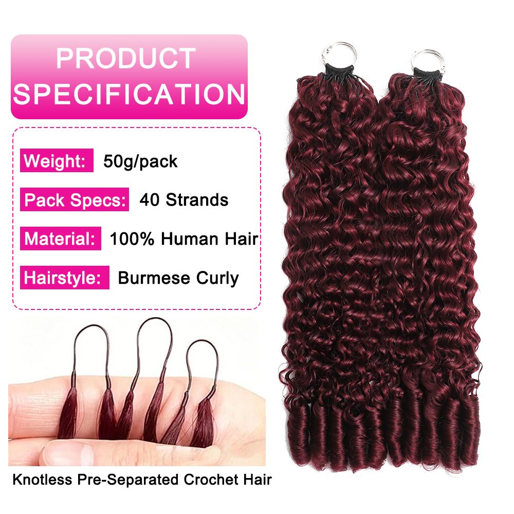【New Color】Asakiss 99J Burgundy Crochet Human Hair Bundles Burmese Curly #4 Chocalate Brown Crochet Hair for Miracle Knots Pre-Separated 50g/Pack 40 Strands/Pack Time-Saving Hair 4-5 Packs for Full Head Protective Hairstyles