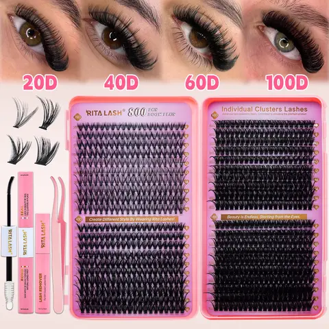 RITALASH 800-pc Lash Book Assortment Box Set, Dramatic Cluster Lashes & Adhesives Kit - Eyelash Extensions Supplies with Bond, Seal, Remover, Tweezer for DIY Home Use