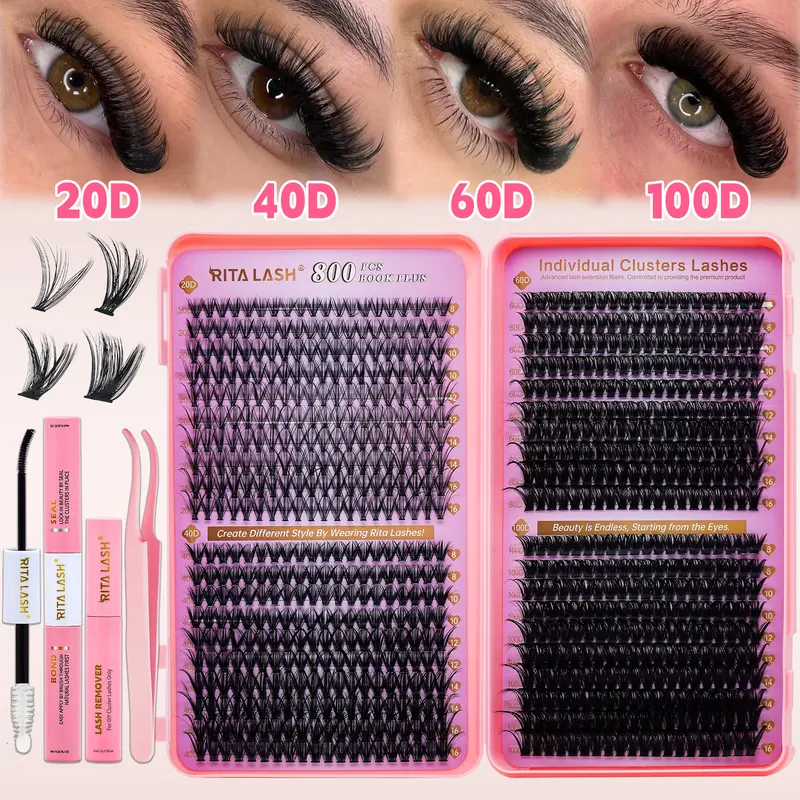 RITALASH 800-pc Lash Book Assortment Box Set, Dramatic Cluster Lashes & Adhesives Kit - Eyelash Extensions Supplies with Bond, Seal, Remover, Tweezer for DIY Home Use