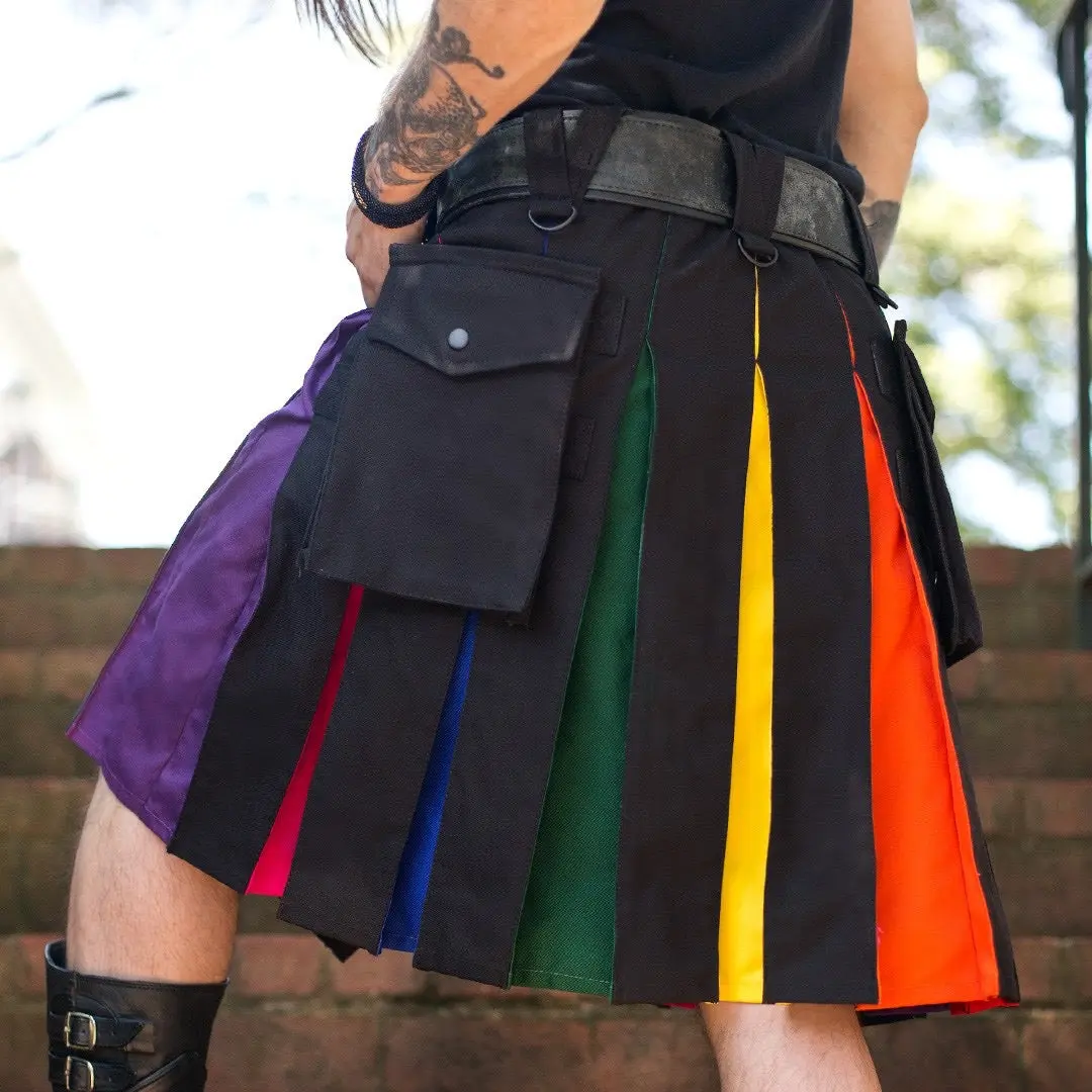 Deluxe hybrid Black/Rainbow Utility Cargo Kilt With Two Pockets Size 30" To 60"