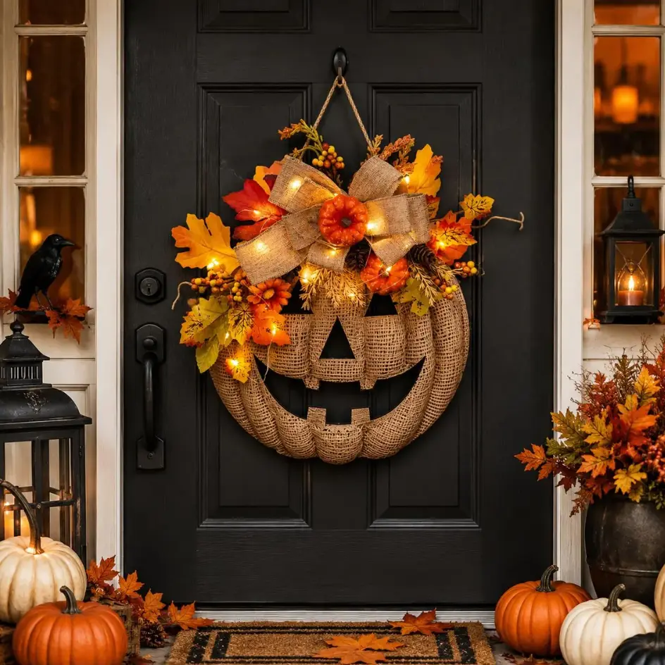 Lighted Burlap Pumpkin Halloween Wreath, Fall Harvest Front Door Wreath with LED Lights, Rustic Maple Leaves & Burlap Bow, Waterproof Autumn Home Decor for Porch Wall Indoor Outdoor Lighted Door Hanger Farmhouse Wall Hanging, Harvest Porch Decor