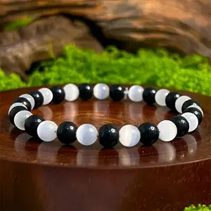 Natural Stain Selenite Black Tourmaline 8mm Beads Healing Balance Reiki Stretch Women Men Crystal 7'' Handmade Bracelet Gifts