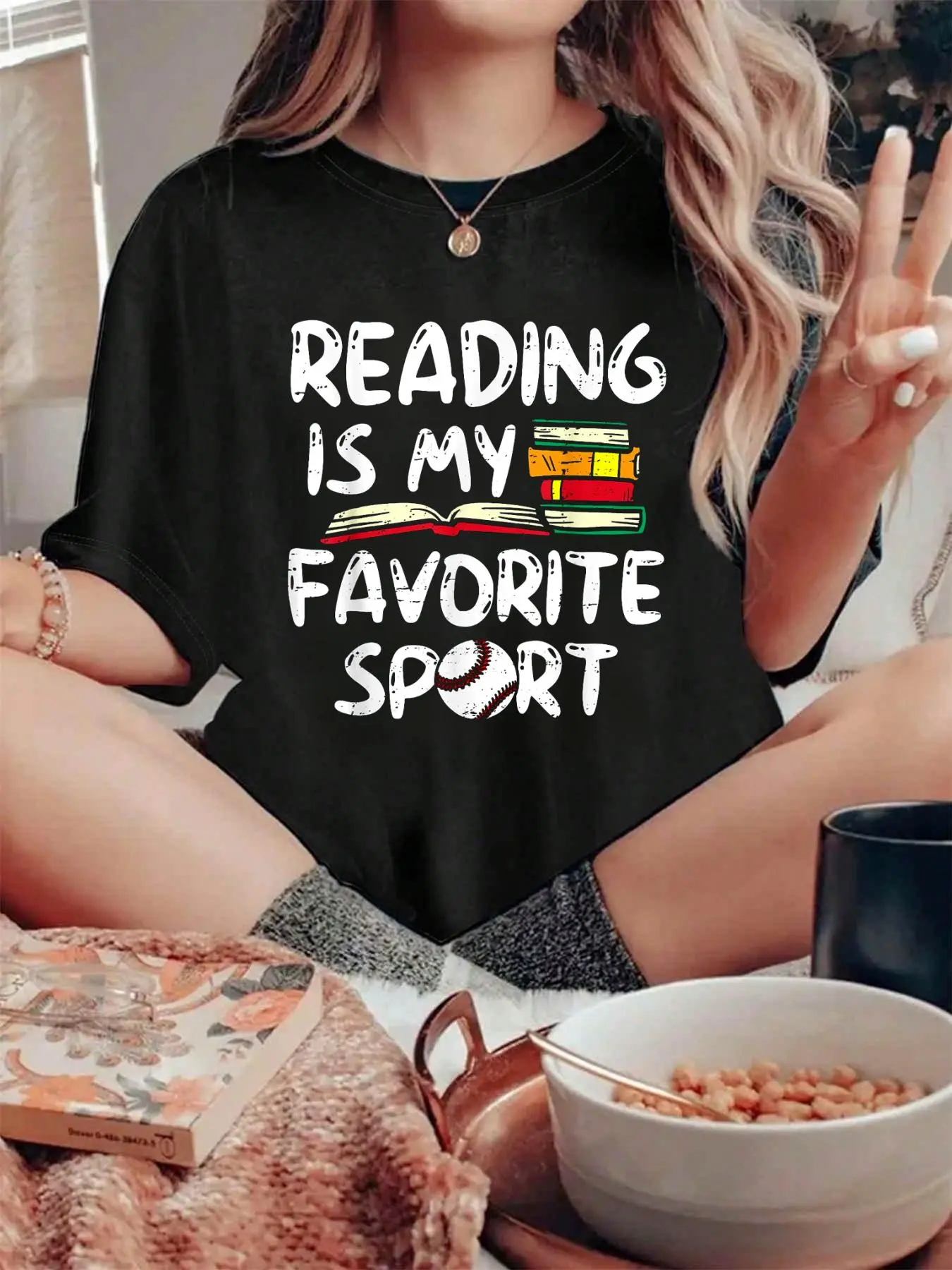 100% pure cotton Retro Reading Is My Favorite Sport Baseball World Book Day T-Shirt printed t-shirts for women