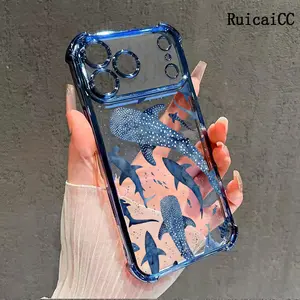 Phone Case for iPhone 17 Pro Max 16 15 14 Plus 13 12 11 Air Cute Blue Whale Shark Pattern Full Body Protection Shockproof Electroplating TPU Cover Cellphone Protective Casing Aesthetic Smartphone