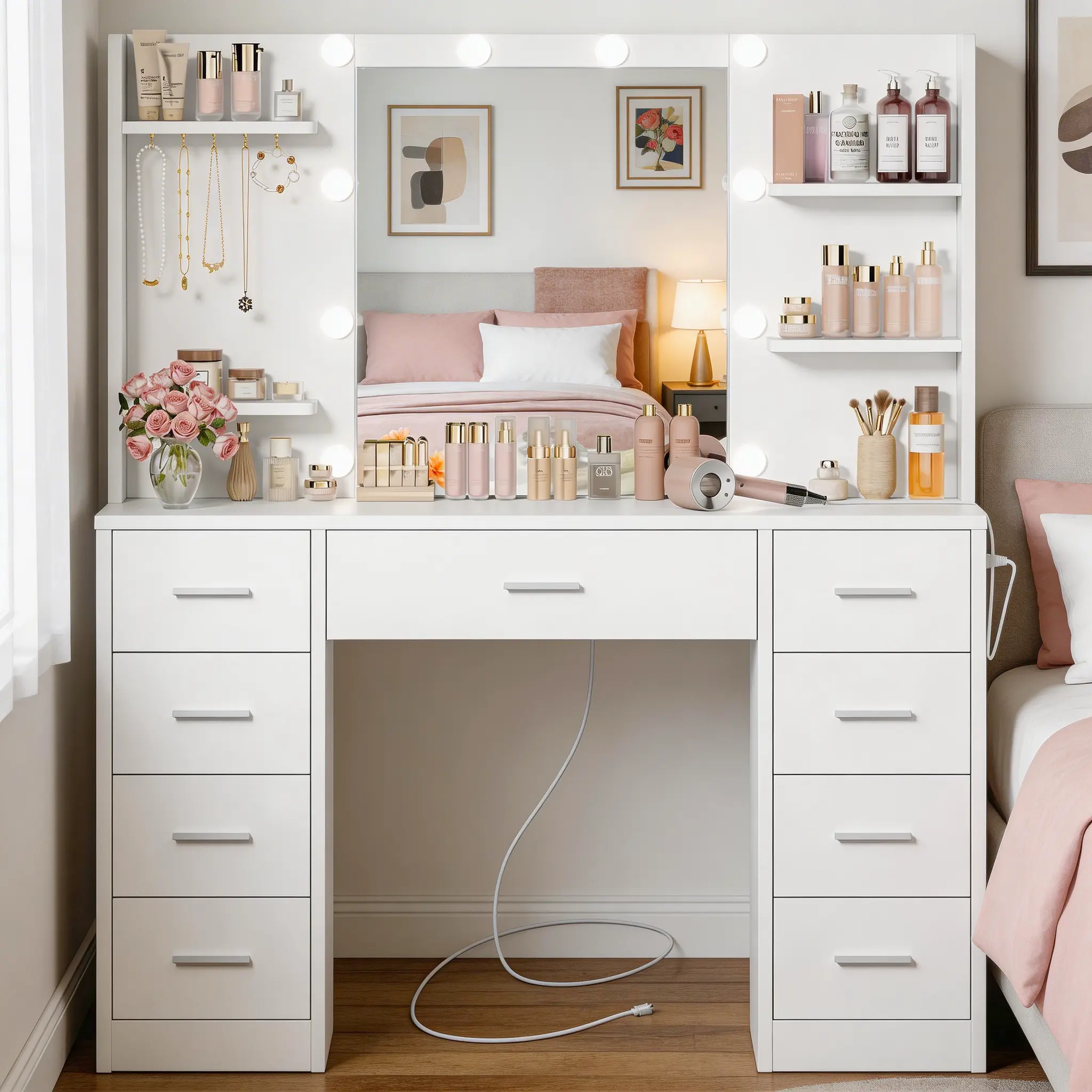 Lighted Modern Makeup Vanity Set - Large White Freestanding Vanity Desk with Adjustable LED Lights, Power Outlet, 9 Drawers, Storage Shelves, Bedroom Decor Indoor Furniture campingessentials