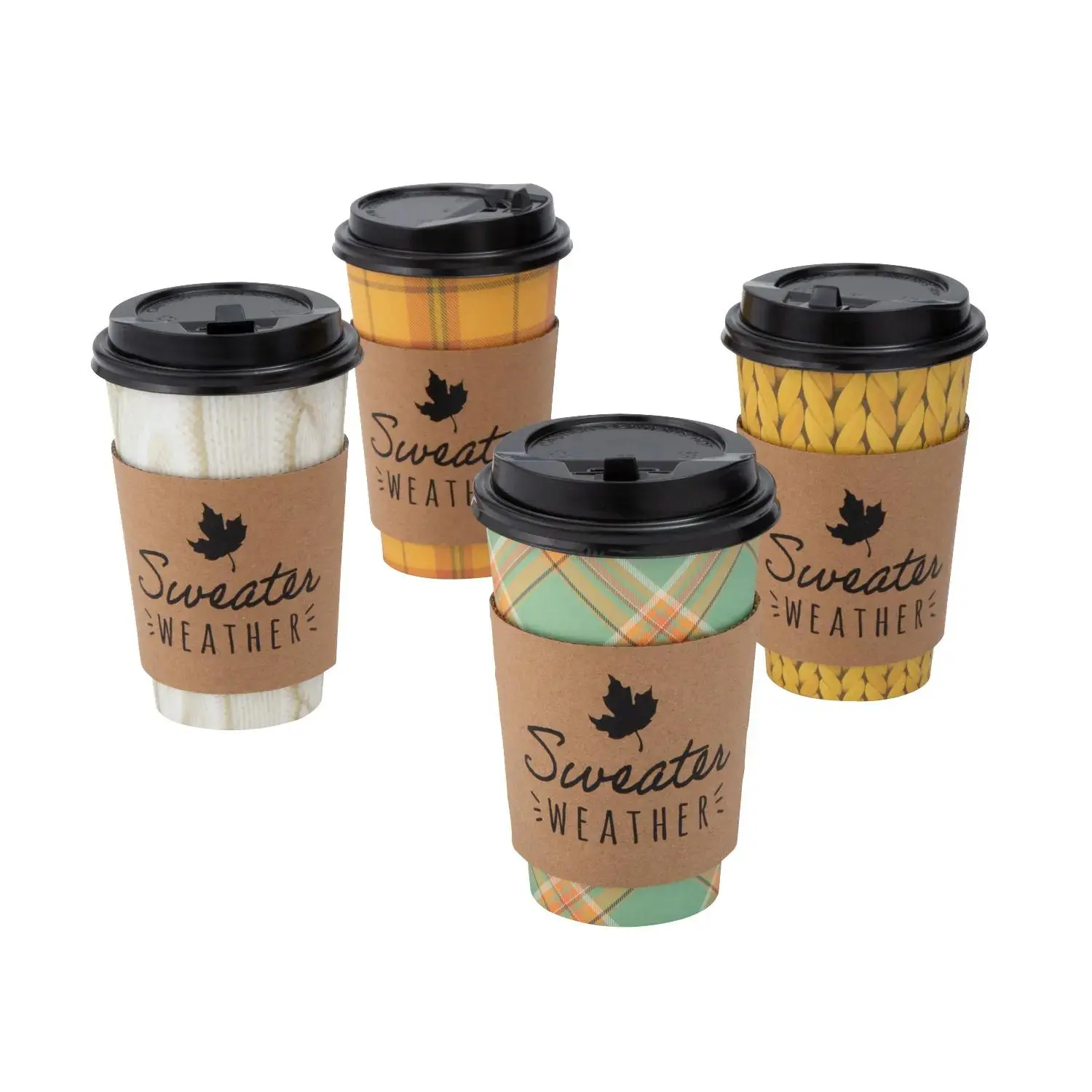16 oz. Sweater Weather Disposable Paper Coffee Cups with Lids, Paper Sleeves - 12 Count Disposable Cups for Party, Book Clubs