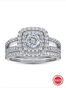 2 PC/Set Luxurious Zircon Geometric Square Halo Engagement Rings For Women Real S925 Sterling Silver Eternal Promise Wedding Ring Ladies Fine Jewelry Anniversary Gift Girlfriend Gift Birthday Gift Dating Gift Valentine's Day Gift