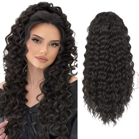 AISI HAIR Women's Long Curly Drawstring Ponytail - Heat-Resistant Synthetic Extensions, Clip-Ins for Black Girls, Curved Sewing Alignment, Fluffy Volume for Daily Use