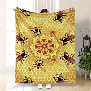 Print Honeycomb Flannel Throw Blanket |   Soft Lightweight Bedspread With Beehive Pattern, Cozy Warm Bed Couch Sofa Cover Lovers, All-Season Bedding 280gsm (Golden)