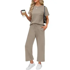 Wide Leg Crop Pants Lounge Sets Crewneck Plaid Outfit Set Cotton Linen Women's Casual Set Chic Clothes Light Silky Soft Spring Suits Gamis Basic